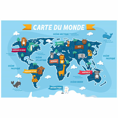 Aperçu du design du sticker mural Carte du Monde avec animaux. Décoration murale colorée pour chambre enfant. Stickers éducatifs disponibles au Maroc.