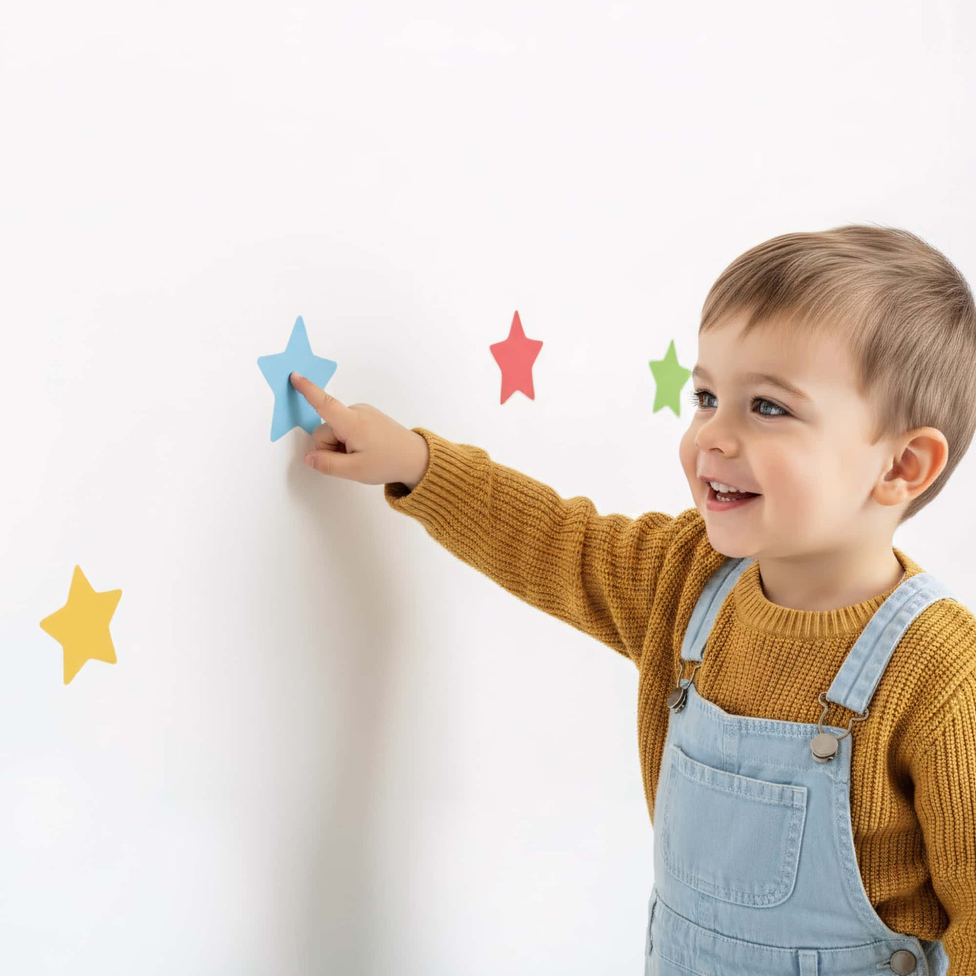 Gros plan sur les stickers étoiles multicolores, mettant en évidence la variété de couleurs et la qualité de cette décoration murale pour la chambre de bébé au Maroc.