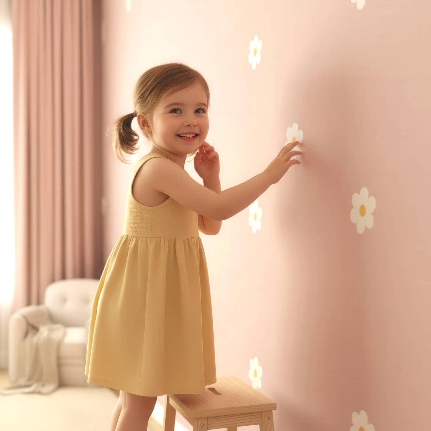 Décoration murale chambre fille stickers fleurs marguerites beiges