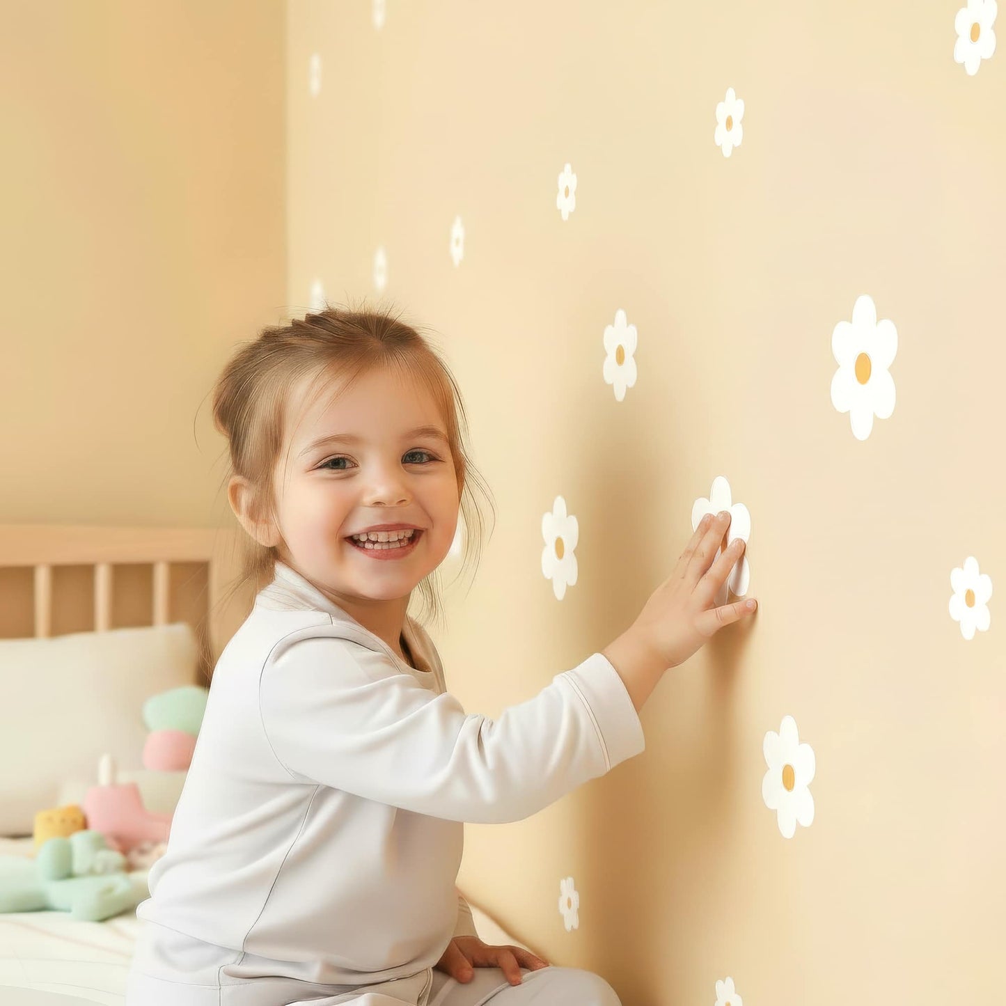 Une petite fille sourit en posant un sticker fleur marguerite blanche, montrant la facilité d'installation de cette décoration murale pour la chambre d'enfant.