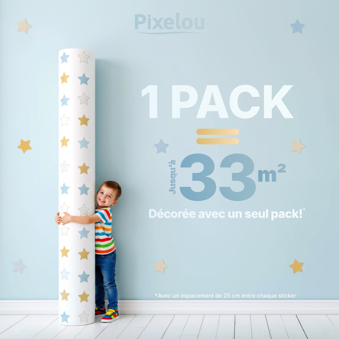 Un pack de stickers étoiles bleu doré couvre une large surface murale, trés économique