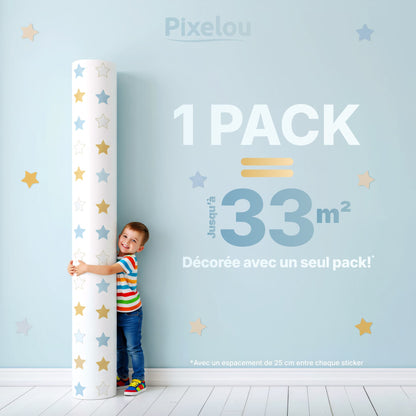 Un pack de stickers étoiles bleu doré couvre une large surface murale, trés économique