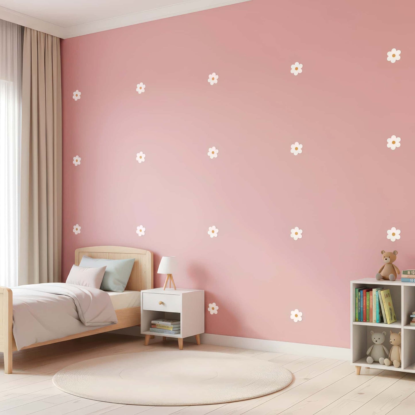 Des stickers muraux fleurs marguerites blanches sur un mur, créant une ambiance romantique et ludique pour la décoration d'une chambre de bébé ou d'enfant.