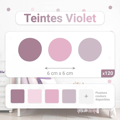 Détail du pack de 120 stickers muraux pois cercles de 6x6 cm en teintes violet, parme et mauve clair. Indication des multiples couleurs disponibles pour la chambre d'enfant ou de bébé.