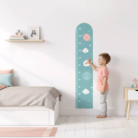 Règle de croissance stickers muraux Planètes, couleur bleu canard pour décoration chambre enfant au Maroc.